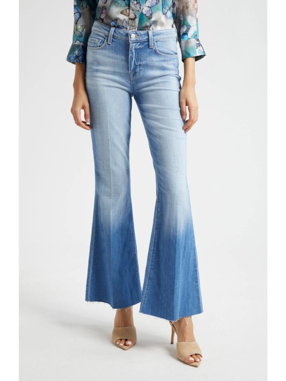 L'AGENCE Sera Womens High Rise Flare Raw Hem Ombre Jeans Blue Wash Size 29 - USA